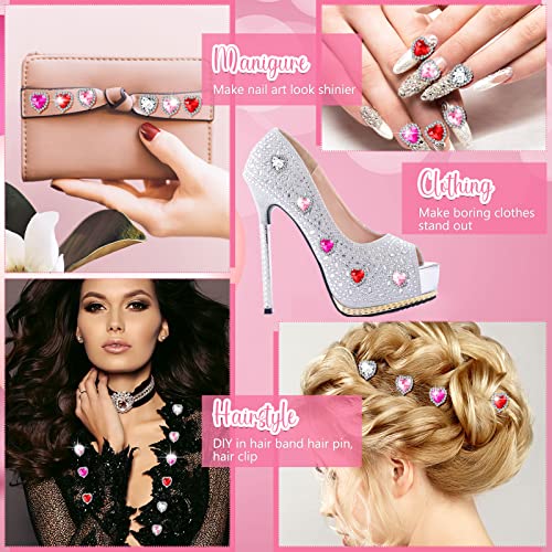 60 Pcs Heart Rhinestones Buttons Charms For Nails Diamond Sewing Glass Flatback For Diy Wedding Clothing Crafting Jewelry Making Decoration Embellishments, 17 Mm 4 Colors, White, Red, Pink, Rose #TOP4