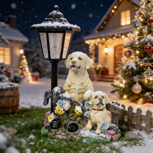 Estatua de perro Labrador con linterna solar para jardín