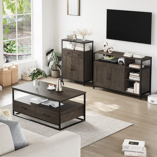 Hithos Kitchen Buffet Cabinet, Accent Sideboard Buffet With Storage, Wood Floor Storage Cabinet With Doors And Shelves, Industrial Living Room Dining Room Furniture, Dark Brown #TOP3