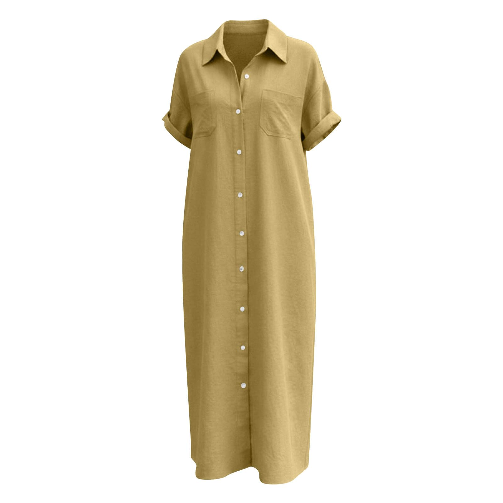 Sommerkleid Damen Lang Baumwolle Leinen Maxikleid Musselin A-Linie Casual Freizeitkleid Kurzarm Leinenkleid V-Ausschnitt Blusenkleid Leicht Luftig Shirtkleider Strandkleid Mit Taschen