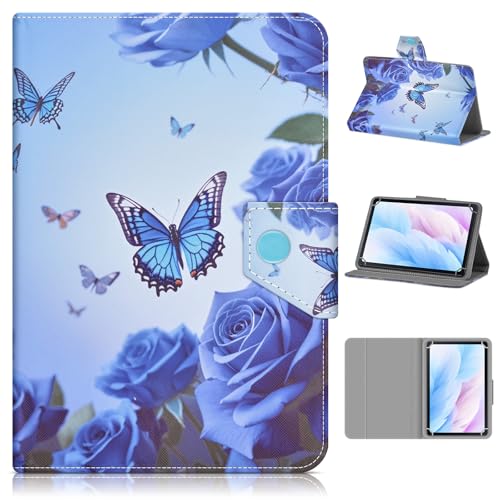 DETUOSI Universal 7.0 inch Tablet Case, 7 inch Android Tablet Cover, Travel Portable Protective Folio PU Leather Stand Shell Case for All Kinds of 7.0-7.9 inch (Blue Rose Butterfly, 7.0-7.9 inch)
