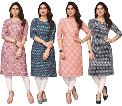 Image of JAKHANA Women's Crepe Printed Casual Straight Calf Length Round Nick Kurta Pack of 4