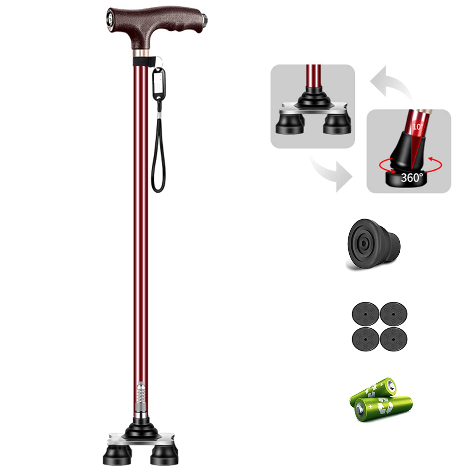 Bastón Ajustable Bastón De 4 Patas - Con Luces LED Antideslizante Aleación De Aluminio Bastón De A Pie Estabilizar 4 Puntas Fundamentar Para Extra Estabilidad,Marrón