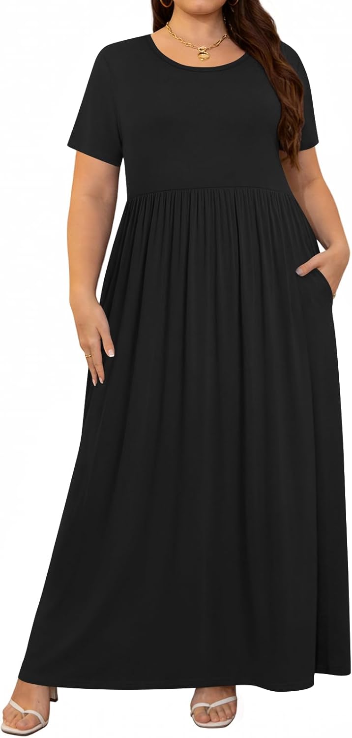 POPYOUNG Womens Plus Size Maxi Dress Summer Short Sleeve Long Crew Neck Casual Dress with Pockets - Image 2