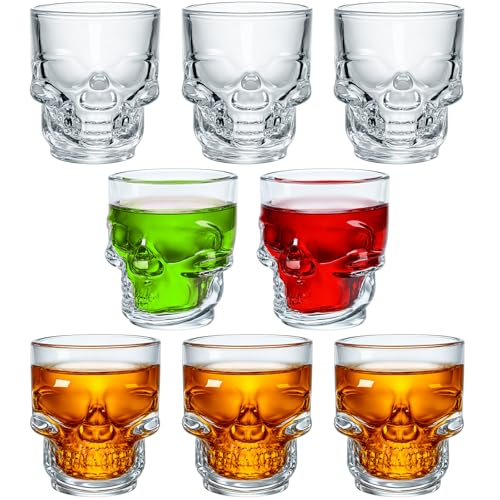 LemonRoad 8 Pieces Halloween Skull Shot Glasses Whiskey Shot Glass 1.7 oz Mini Halloween Clear Drinking Glassware Bulk for Wedding Party Holiday Parties Cocktail Bars Home Decor