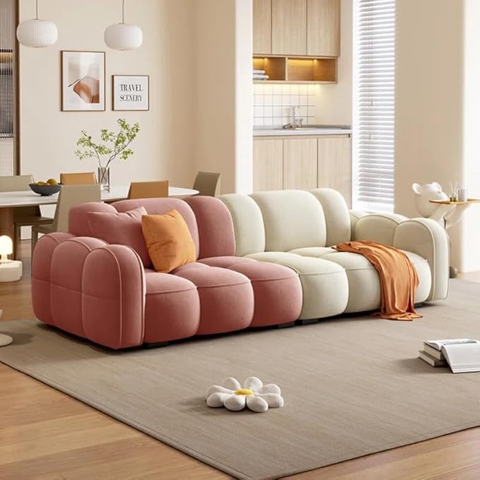 Image of CRAFTCITY Contemporary Wool 3 Seater Sofa with Swen Pillow Back for Living Room (Dark Pink & Beige)