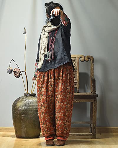 NFYM Women Winter Pants Comfy Warm Thick Vintage Floral Printed Loose Wide Leg Pants Elastic Waist Hippie Trouser4