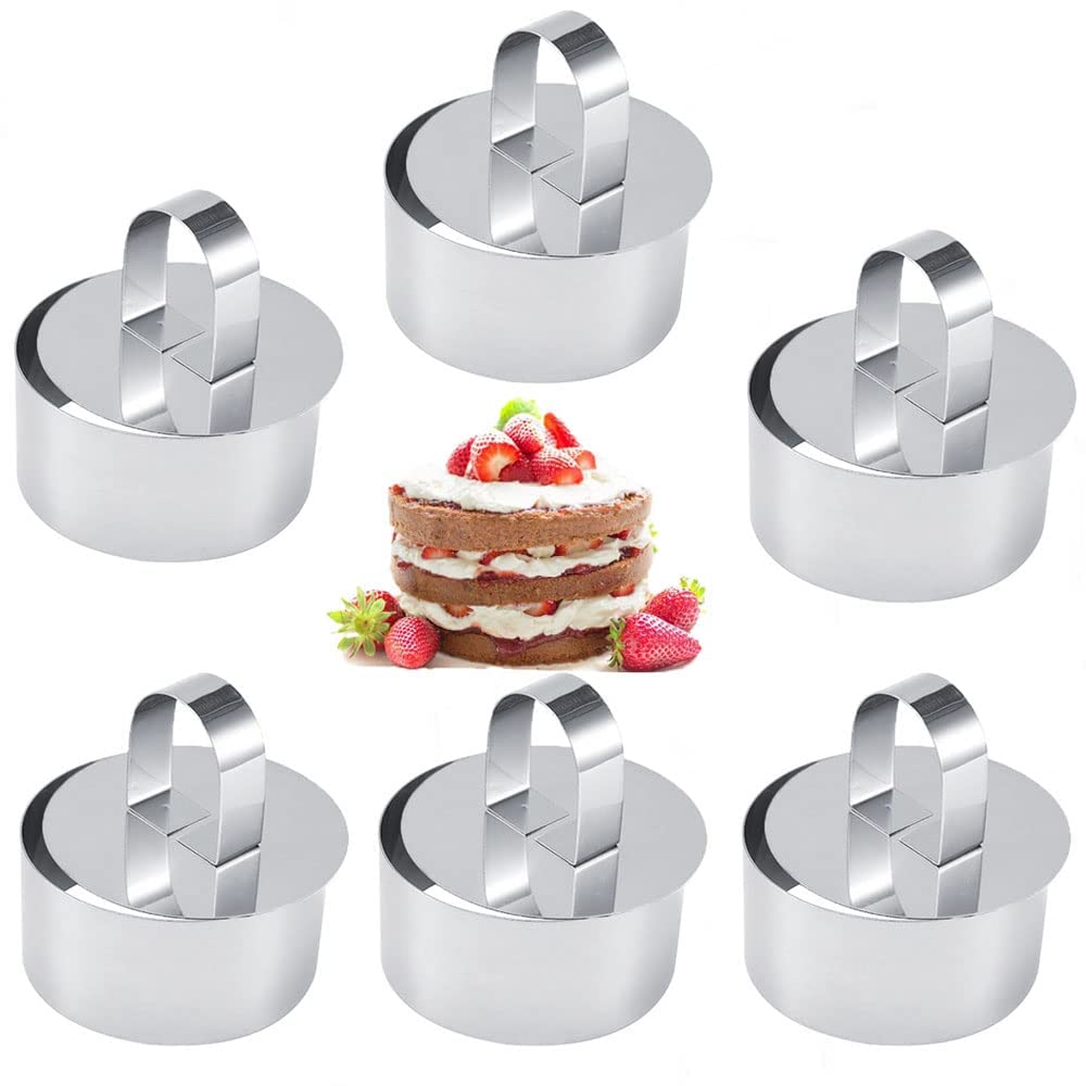 KASTWAVE Mousse Cake Mold Mousse Rings 304 Food Grade Stainless Steel Cake Circle Cake Mold with Pusher, 8cm Diameter, Set of 6 Easy to Use Clean Dishwasher Safe Durable and Heat Resistant (Round)