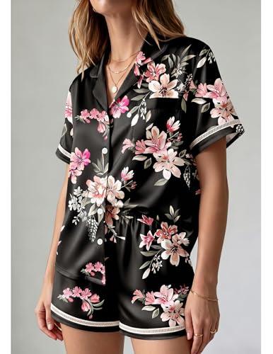 Image of Ekouaer Womens Silk Pajama Sets Button Up Satin Pjs Short Sleeve 2 Piece Pj Sets Cute Lounge Sets with Chest Pocket