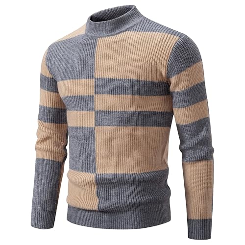Mens Color Block Knitwear Pullover Trendy Vintage Cable Knit Sweater Casual Warm Thermal Sweatshirt (Grey,XX-Large)
