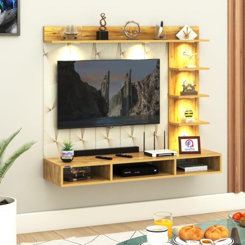 Image of Anikaa Tyron Engineered Wood Wall-Mount TV Unit with PVC Back Panel & LED Lights | TV Cabinet with Storage Box & Decorative Shelves (Gaintwood) | Ideal for TVs up to 55 Inch | DIY Installation