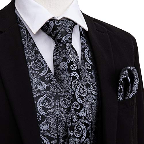 Image of Barry.Wang Black Grey Dress Suit Vest for Men Silk Business Tie Handkerchief Cufflink Waistcoat Formal Tuxedo 5PCS