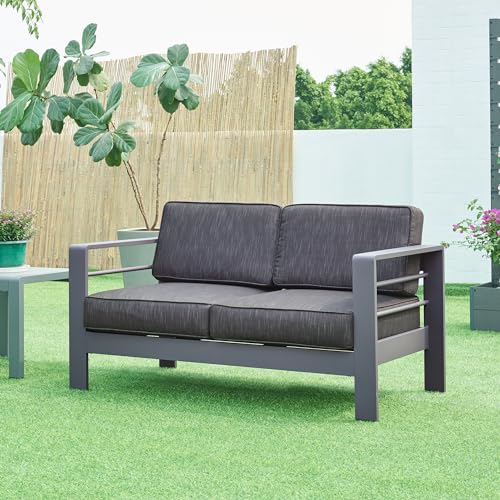casa.pro Lounge Sofa Avise Outdoor-Sofa 2-Sitzer Gartensofa Aluminium mit Kissen Gartenbank wetterfest 144 x 70 x 62 cm Balkon Dunkelgrau