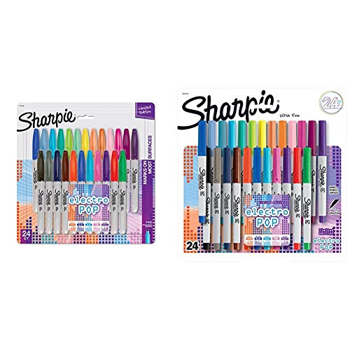 Sharpie 1927350 Electro Pop Permanent Markers, Fine Point, Assorted Colors, 24 Count & Electro Pop Permanent Markers, Ultra Fine Point Markers, Assorted Colors, 24 Count