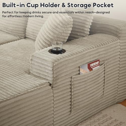 Image of 125 Inch Modular Sectional Sofa, Cloud Couch Oversized U Shaped Corduroy Sofa with Storage & Cupholders, Modern Deep Seat Boneless Couches for Living Room, No Assembly Required, Camel