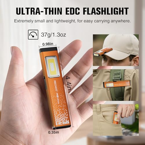 Image of RECHOO Flat EDC Flashlight Rechargeable, 8-Mode Slim Pocket Flashlight with Magnetic Base & Clip, Lightweight Mini Rechargeable Flashlights for Everyday Carry, Working, Camping, Car Repair & Emergency