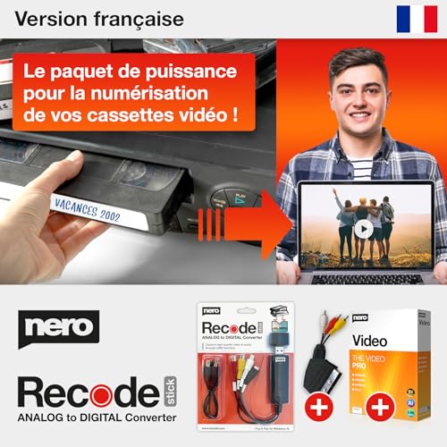 Nero VHS vers USB Video Grabber Recode Stick – Convertisseur analogique numérique pour VHS, S-VHS et Hi8 | Logiciel Nero Video inclus | Capture en MP4 | Windows 11 /...