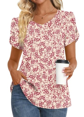 HOTGIFT Womens Tunic Tops 2025 Summer Short Sleeve V Neck Chiffon T Shirt M-3XL