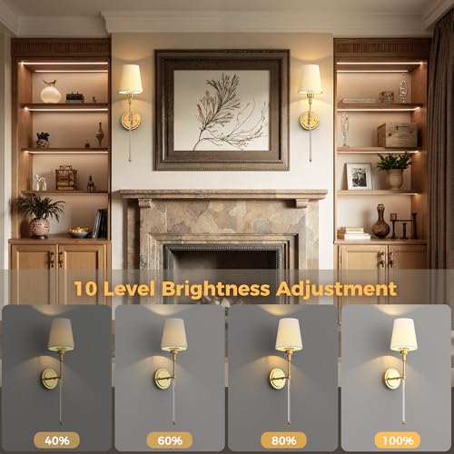 Image of DORESshop Battery Operated Wall Sconce Set of 2, Wall Light Wireless Easy to Install, Dimmable and Adjustable Sconce Wall Decor, Rechargeable Wall Lamp for Bedroom, Living Room, Gold and Glass 24.6in