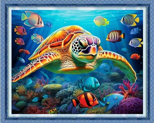 Image of Dimensean Stamped Cross Stitch Kits Full Range of Embroidery Patterns Starter Kits for Beginners Adult DIY Cross Stitches Needlepoint Kits 11CT-Colorful Turtle 16x20 inch