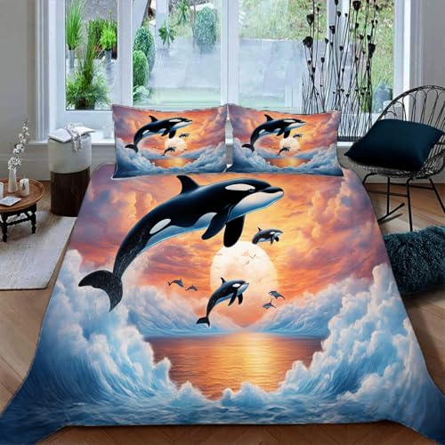Ruiqieor Bettwäsche 135x200cm,Orca Wal Motiv Bettwäsche-Set, Tier Bettbezug 3teilig Mit Kopfkissenbezug Für Jungen Mädchen Schlafzimmer Atmungsaktiv Mikrofaser Baumwolle Deckenbezug（#8）