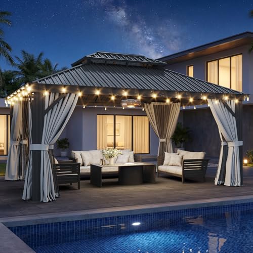 LET'S PATIO 12' x 16' Hardtop Gazebo, Outdoor Aluminum Gazebo with Galvanized Steel Double Roof and Drainage System, Permanent Metal Pavilion with Curtains and Netting for Patio, Deck and Lawn, Gray - Image 3