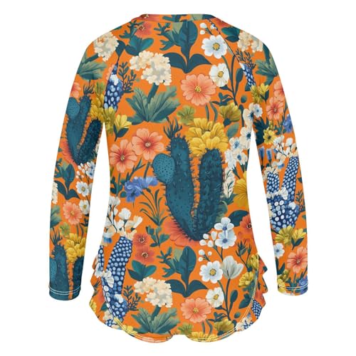 KLL Spring Flowers Cactus Bleeding Heart Hyacinth Orange Long Sleeve Swimsuit for Girl 1 Piecing Swimsuits Girls Rashguard Bathing Suit 7-8T3