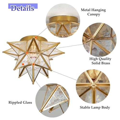 Image of Moravian Star Ceiling Light, Hammered Clear Glass, Brass Finish