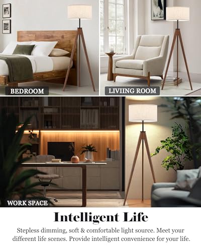 Image of ELYONA Ash Wood Tripod Floor Lamp Stepless Dimmer & Color Temperature, Remote Control Mid Century Modern Coner Standing Lamp Linen Shade for Living Room Bedroom Office, LED Bulb Included, Walnut