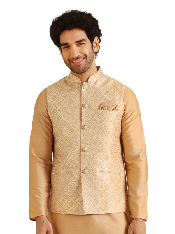 kisah Men's Nehru Jacket, Burgundy Jacquard, Woven Design Regular Fit Mandarin Collar Sleeveless-picture-15