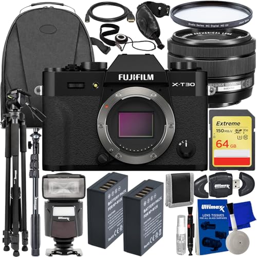 FUJIFILM X-T30 II Mirrorless Camera with XC 15-45mm OIS PZ Lens (Black) + 64GB Extreme SDXC, 2X Spare Batteries, Multi-Coated UV Filter, Universal Speedlite & Much More (27pc Bundle)