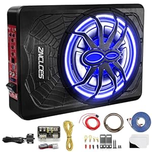 2025 Upgraded 10″1200W Slim Under Seat Powered Car Subwoofer, Car/Truck Sub Built in Amplifier for outstanding Heat Dissipation, Powerful bass and Blue LED Ambient Light enjoy Audio Experience