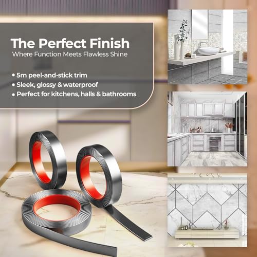 Image of Black Moulding Patti for Wall - 5M Self Adhesive Metal Strip | T Profile Wall Moulding Trim for Ceiling, Furniture, Cabinet, Tile Border | 20MM SS 201 Mirror Finish (Black, 20MM)