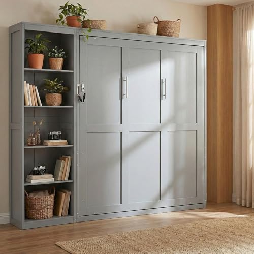 Image of Merax Space-Saving Gray Murphy Bed Queen Size with Adjustable Storage Shelves, Multifunctional Foldable Wall Bed for Small Spaces Studio Study Office Guest Room