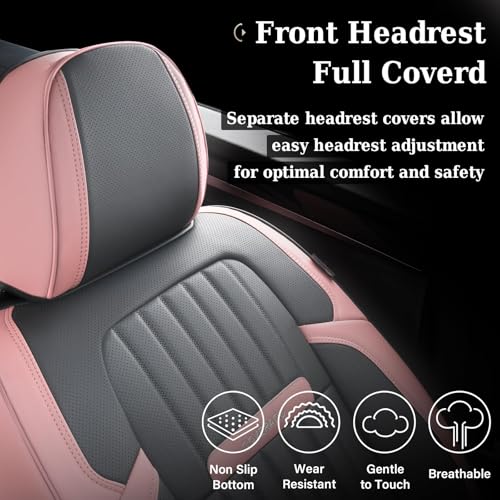 Image of Coverado Car Seat Covers Full Set, Nappa Leather Seat Covers for Cars, Waterproof Car Seat Covers Front Seats and Back, Automotive Car Seat Protector Car Seat Cushion Fit for Most Cars (Pink&Grey)