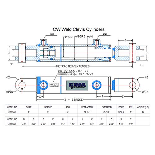 Image of CW Weld Clevis Cylinder 4 inch Bore x 8 inch Stroke x 2 inch Rod x SAE 8 Port x 3000 PSI