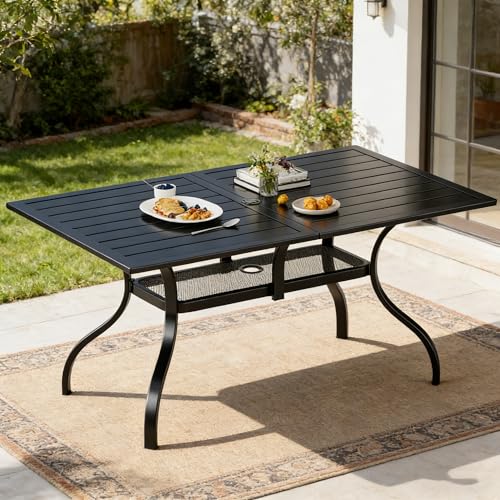Image of SUNCROWN 60 inchx37 inch Black Patio Outdoor Dining Table Metal Steel Slat Rectangular Bistro Table for Porch Deck Garden Backyard Poolside, 1.57 inch Umbrella Hole