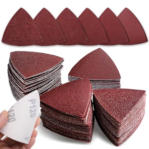 Image of 100pcsTriangle Sanding Paper Set, 60-240 Grit, Fits 3-1 /8 inch Oscillating Tools - Aluminum Oxide Hooks & Loop for Wood, Metal, Drywall