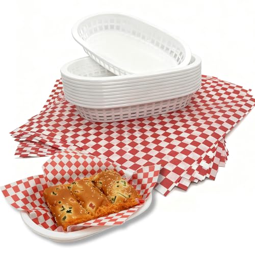 MEOTAKILE Plastic Fast Food Baskets with Paper Liners 10.46.3 in White Baskets & 1212 in Red Liners Set of 10 Baskets & 100 Sheets for Burgers Fries Sandwiches Parties BBQ & Birthday
