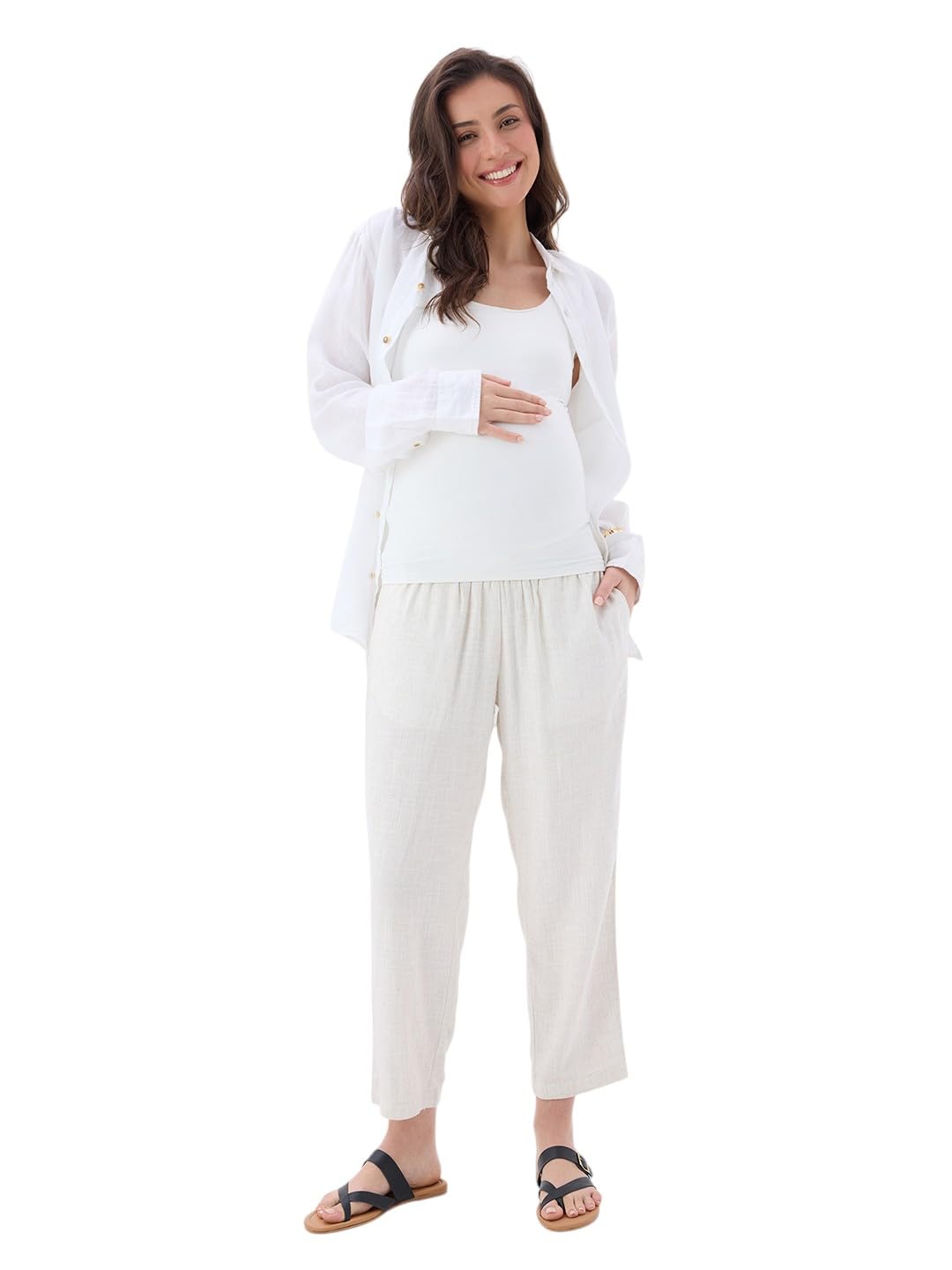 momtobe Maternity Trousers for Women | Linen Pants with Over-Bump Support, Drawstring & Pockets | Relaxed Fit-picture-32