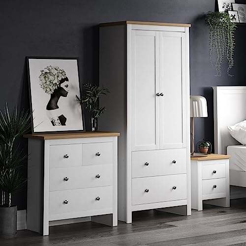 Vida Designs Arlington 3 Piece Bedroom Sets, Bedside cabinet, Chest of Drawer & Wardrobe (White & Oak, 2D Nightstand, 4D Chest & 2D Wardrobe)