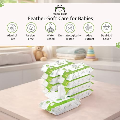 Image of Amazon Brand - Mama Bear Cleansing Baby Wipes With Lid | 576 Wipes | 72 Wipes x 8 Packs | Dermatologically Tested | With Aloe Vera & Vitamin E | Alcohol-free | Paraben-free | Water-Based Formulation