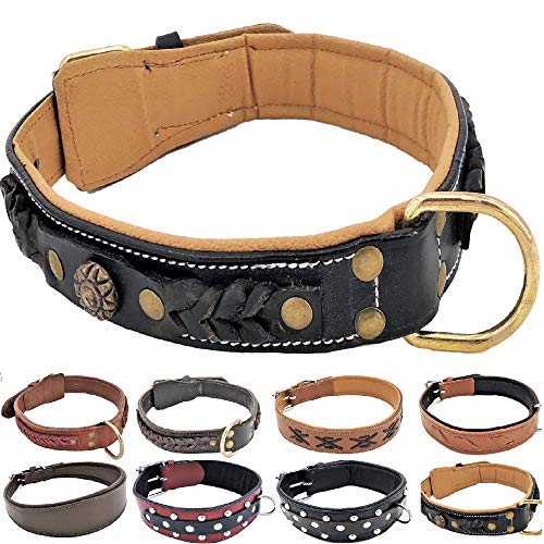 FDC Genuine Real Leather Dog Collar Metal Buckle Handmade for Medium and Large Breeds (Black Padded Braid, L: Neck 16" - 19")