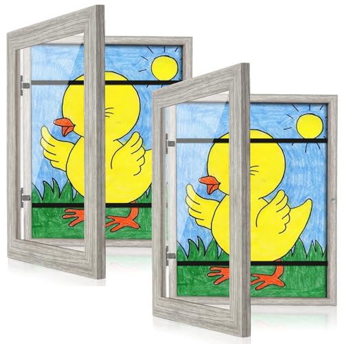 Image of [2-Pack] Kids Art Frames, 8.5x11 Front Opening Kids Artwork Frames Changeable, Grey Wood Grain Artwork Display Storage Frame for Wall, Holds 50 Pcs, for 3D Picture, Crafts, Children Drawing, Hanging