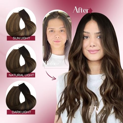 Vivien Brown Human Hair Extensions Balayage Darkest to Medium Brown Mix - Long Straight Tape-in 20pcs 50g #2/8/2 20in - Image 4