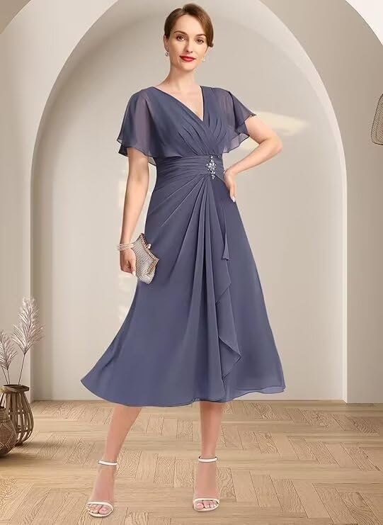 Chiffon Mother of The Bride Dresses for Wedding Short Sleeves V Neck Formal Evening Gown for Women2