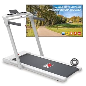 YM Elektrische loopband, 18 km/u, XXL-loopvlak 45 cm, Italiaans merk, inklapbaar, 2 besturingssystemen (toetsen of bestuur), interactieve app Kinomap Zwift etc., Bluetooth, Next 8000 Your Move
