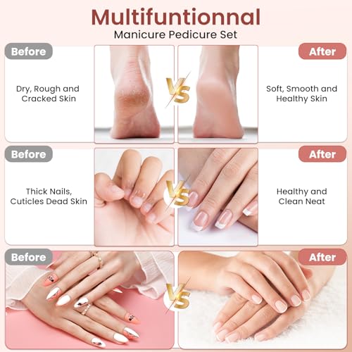 Maniküre/Pediküre Set, Nagelfräser, Kabellos Akku Elektrische Nagelfeile mit 6 Aufsätze zur Nagelpflege, Nagelfräser für Gelnägel mit 10 Geschwindigkeiten und LED Licht, Hände Fußpflege Fräser set