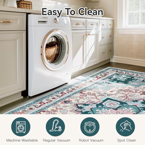 Lofus 8x10 Area Rugs, Large Area Rug for Living Room, Floral Washable Area Rug for Bedroom, Office, Dining Room, Non-Slip Vintage Boho Rug, Low-Pile Soft Carpet, Traditional Oriental Style, Light Blue