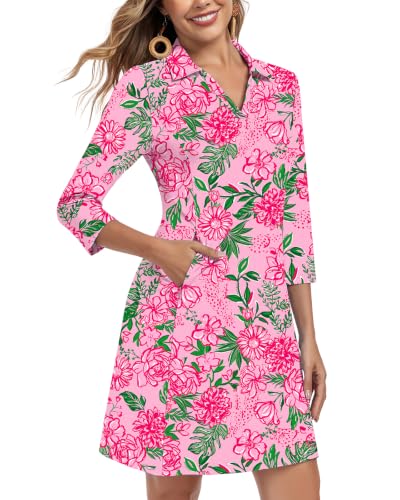 Image of WOWENY 3 /4 Sleeve Dress for Women with Pockets V Neck UPF 50+ Casual Sun Dress Breathable Quick Dry Beach Vacation